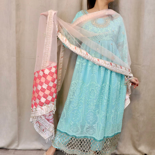 Blue mint fancy gown style three piece - Selina Habibti Attire