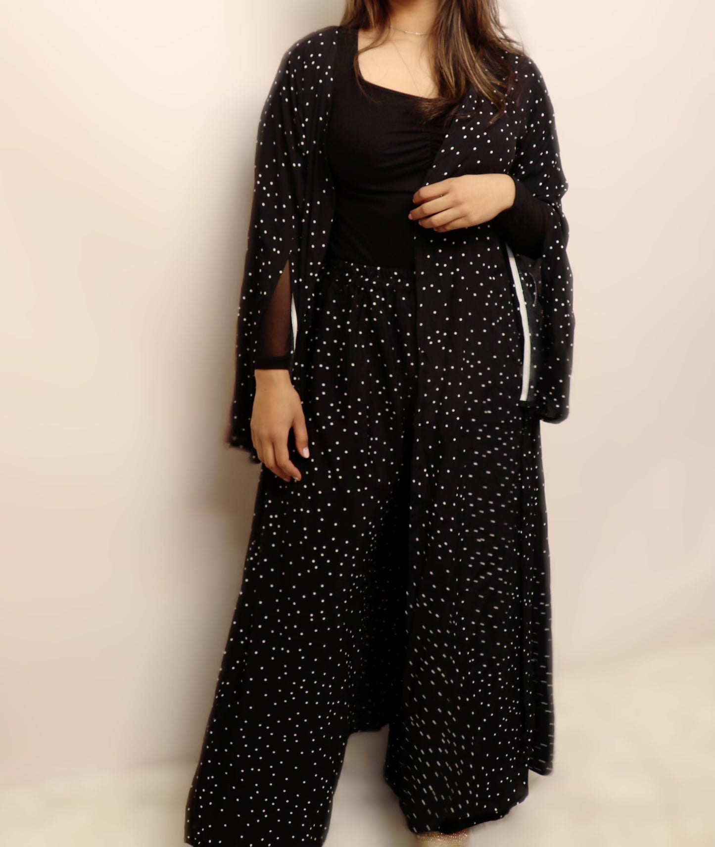 Polka dot black & white duster pant set