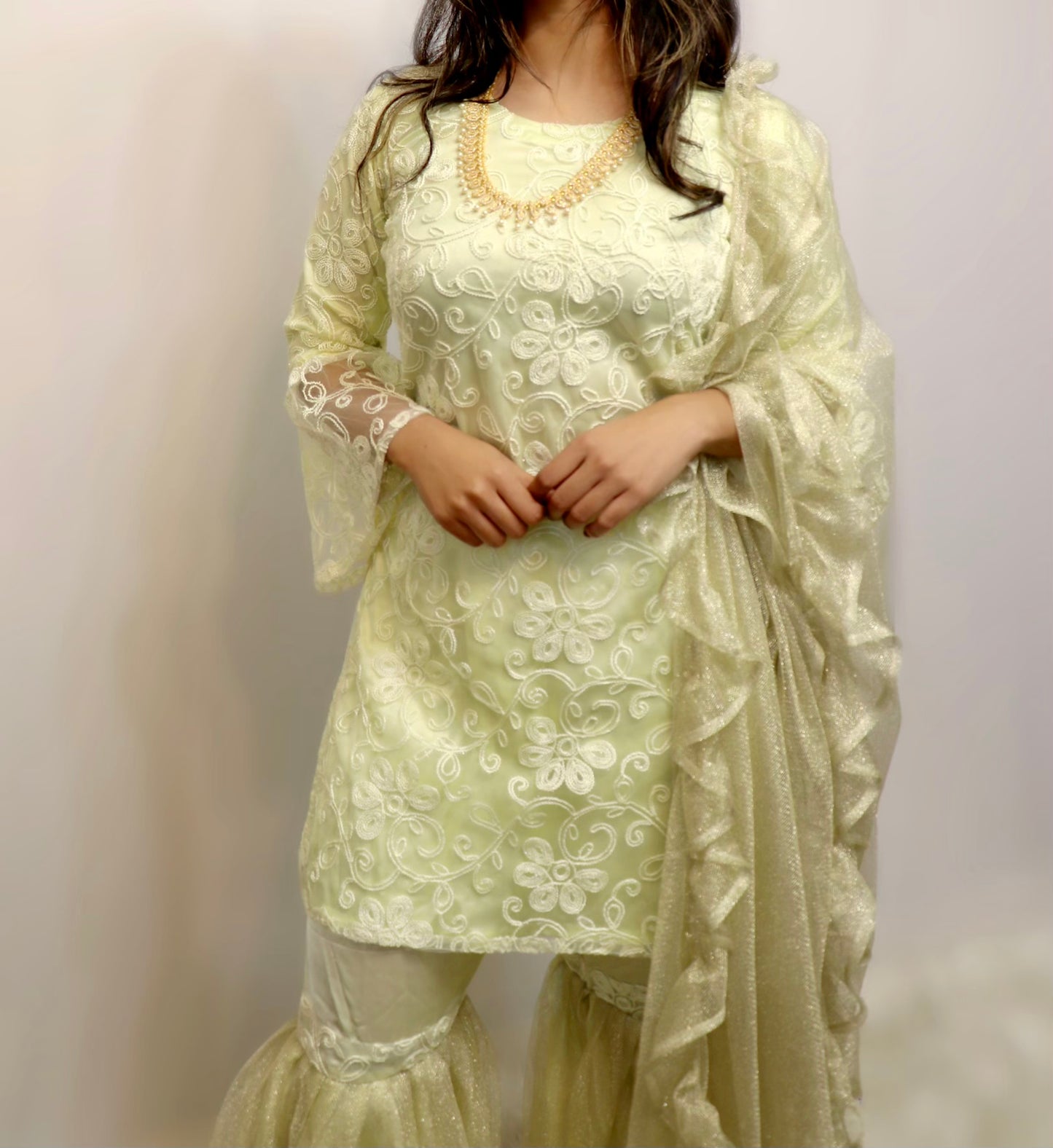Light yellow net gharara suit