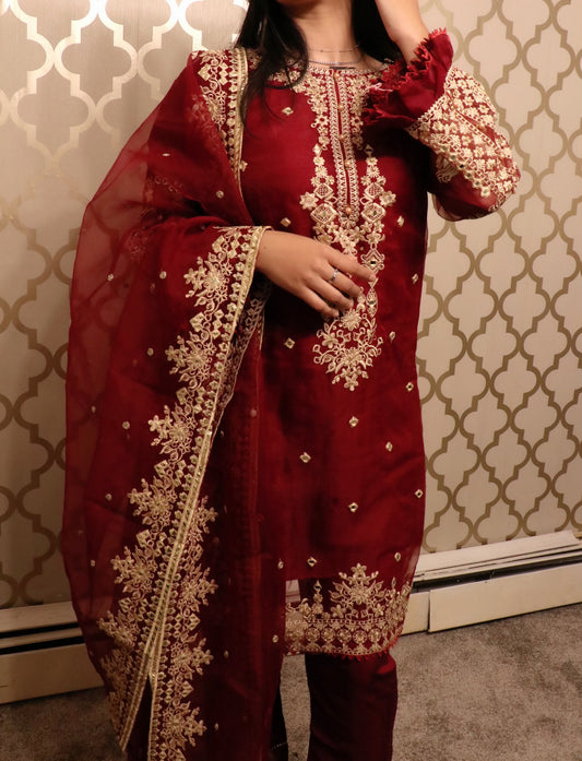 Burgundy organza party wear suit