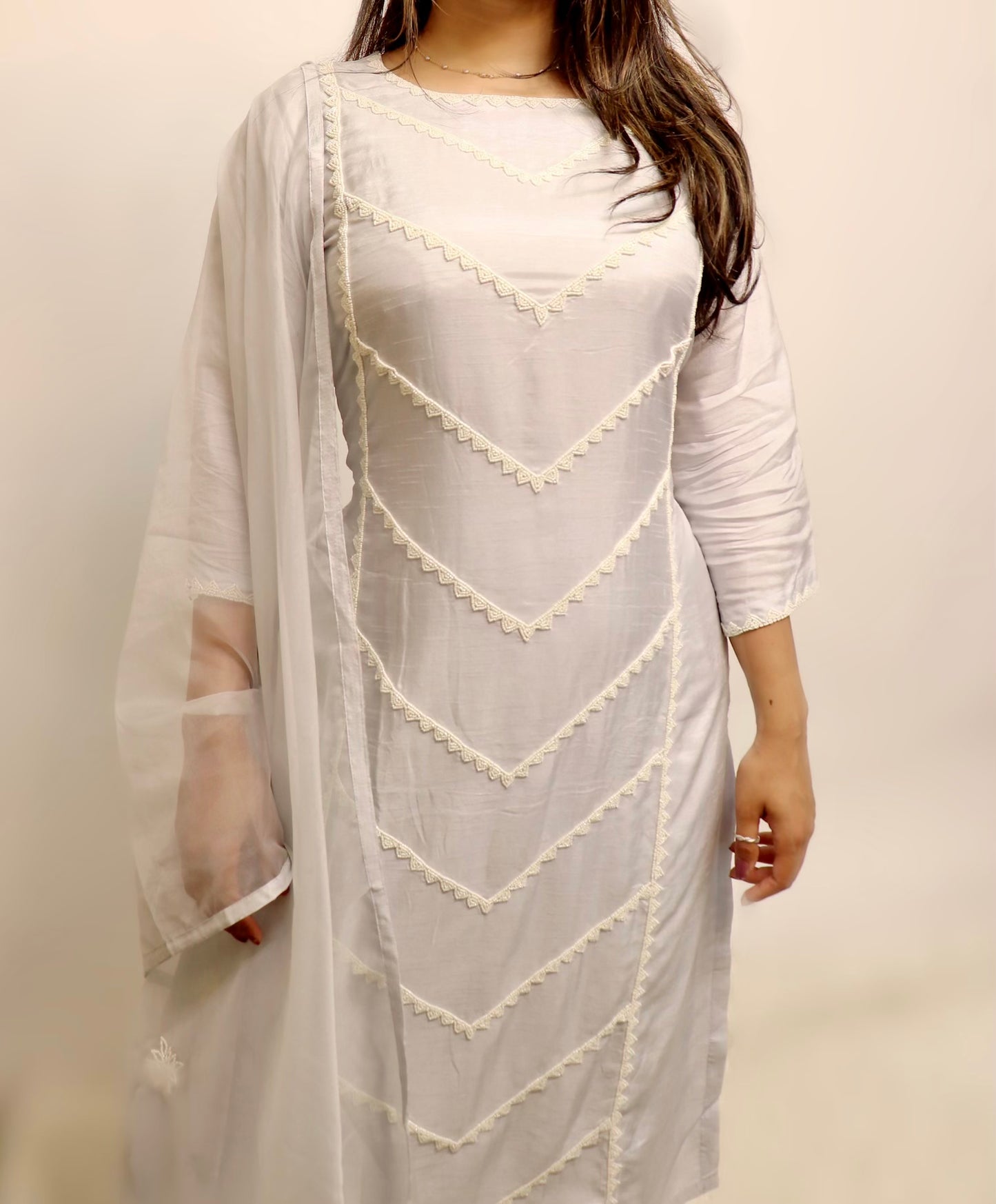 Silk light silver grey organza suit