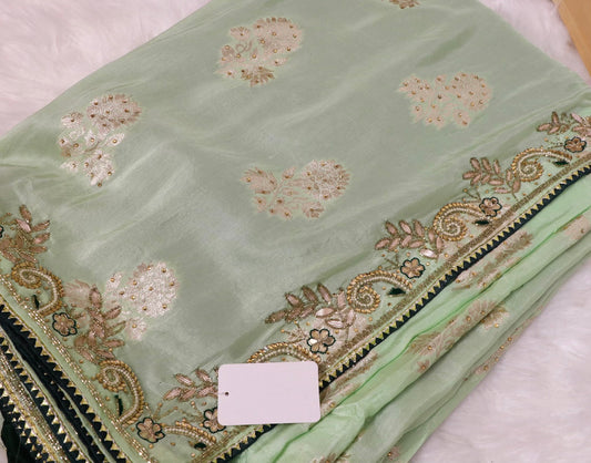 Khaddi katan lime green with stone work saree