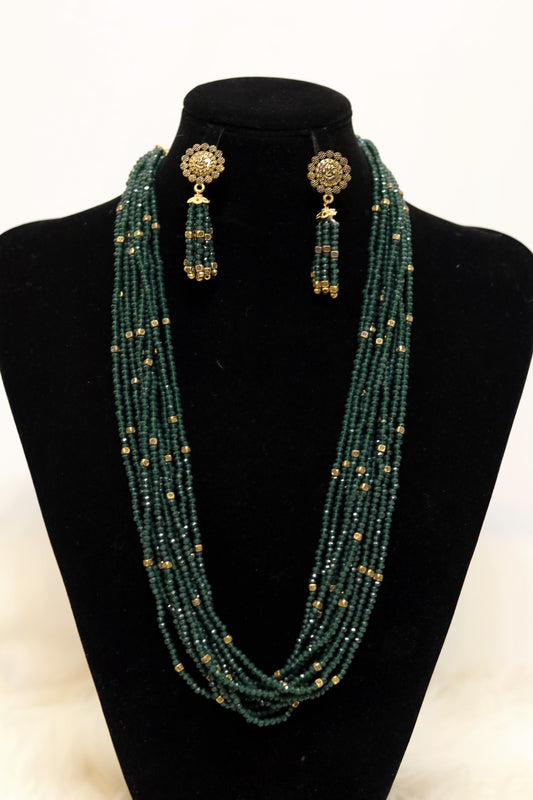 Green beaded long necklace set