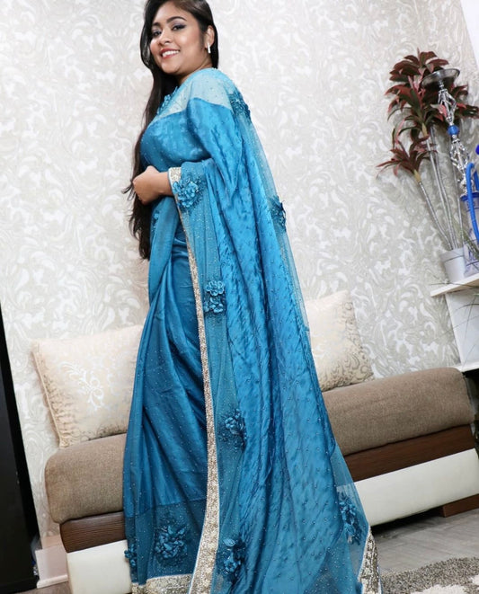 Blue tone grey silk net saree - Selina Habibti Attire