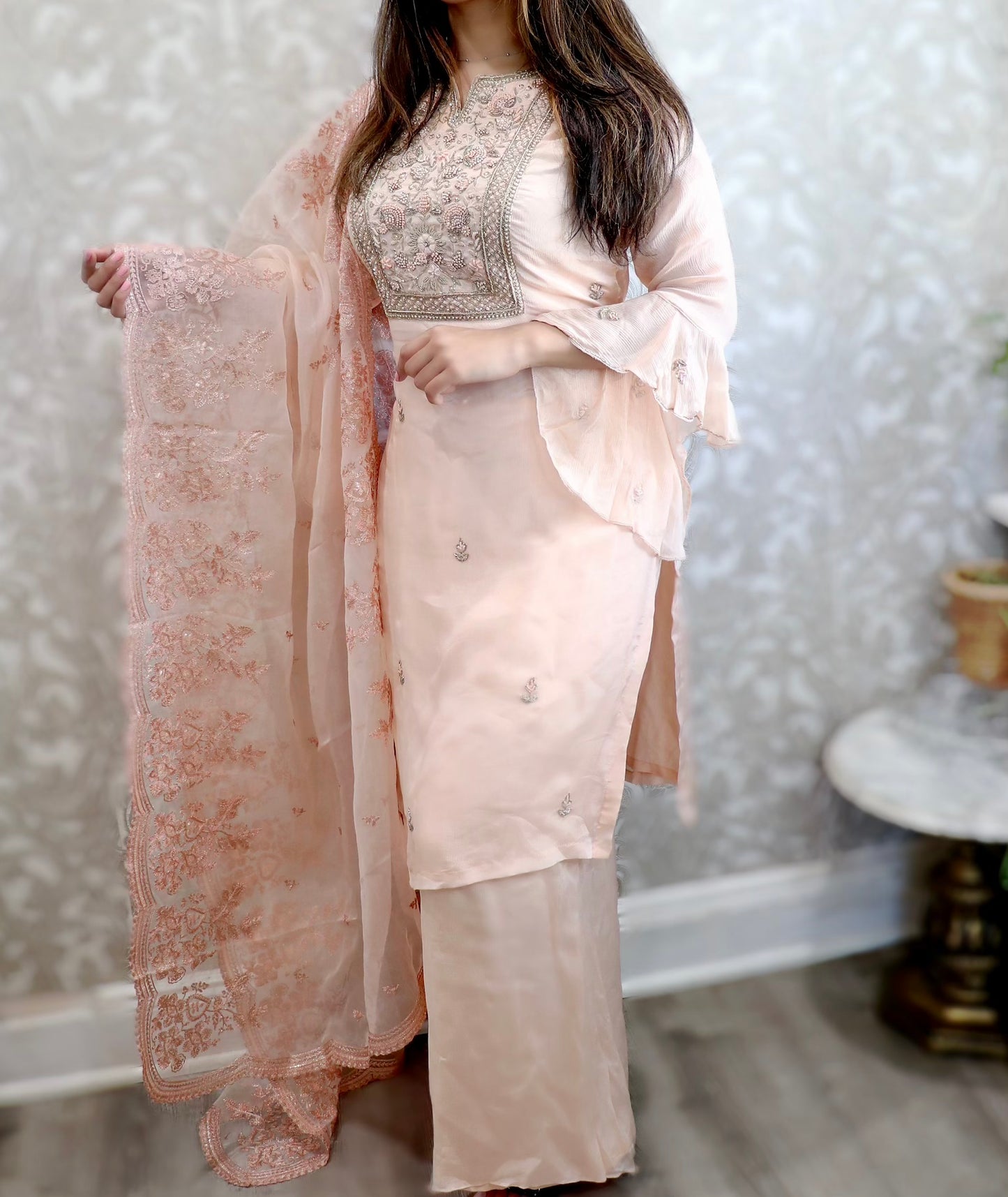 Heavy duppata peach three piece