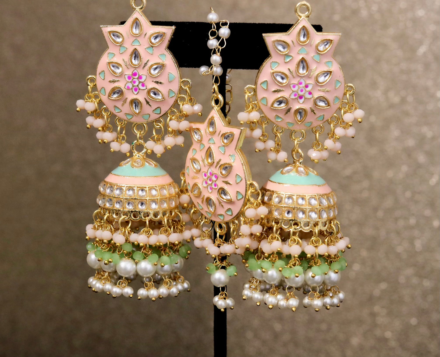 Peach mint earring with head piece set