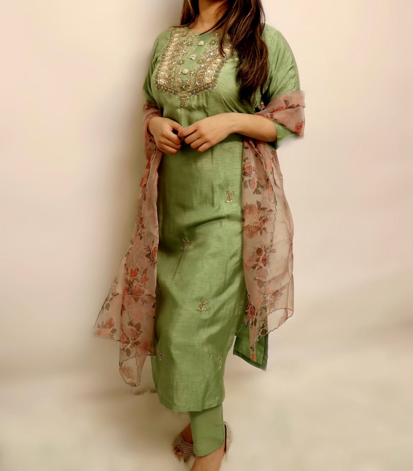 Light olive green suit with organza duppata