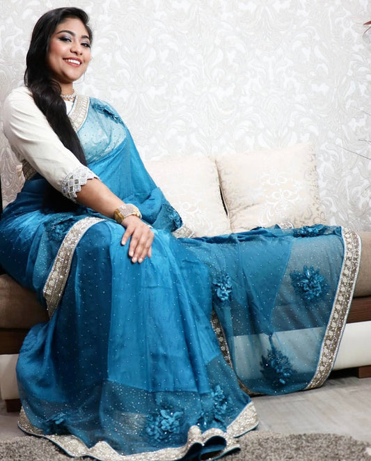 Blue tone grey silk net saree - Selina Habibti Attire
