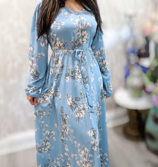 Blue floral silk maxi dress