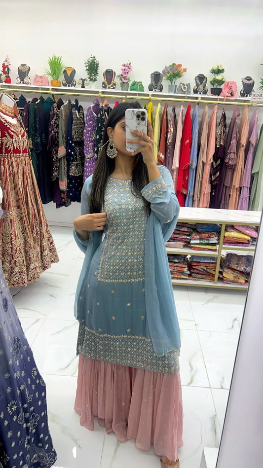 Chinon silk blue pink contrast suit