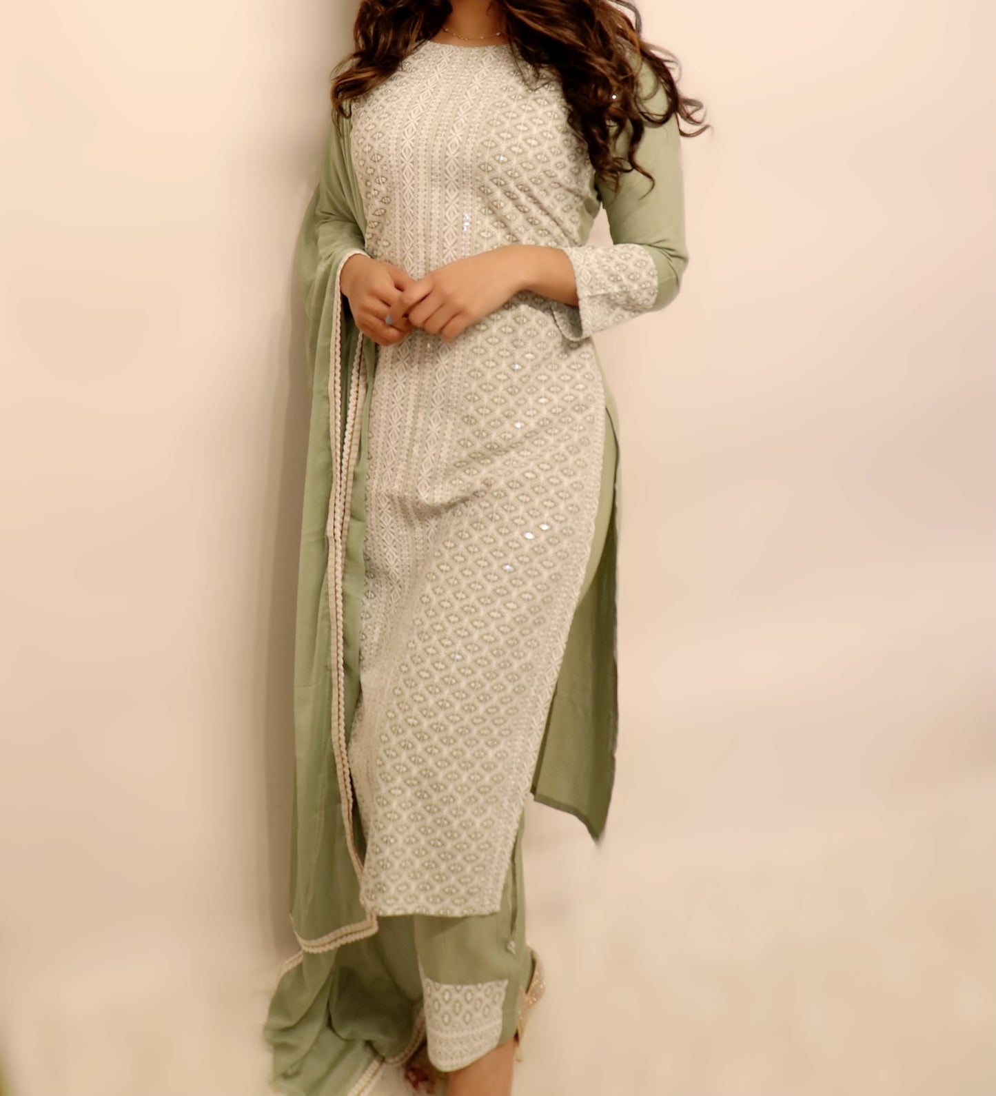 Light olive green and white three piece