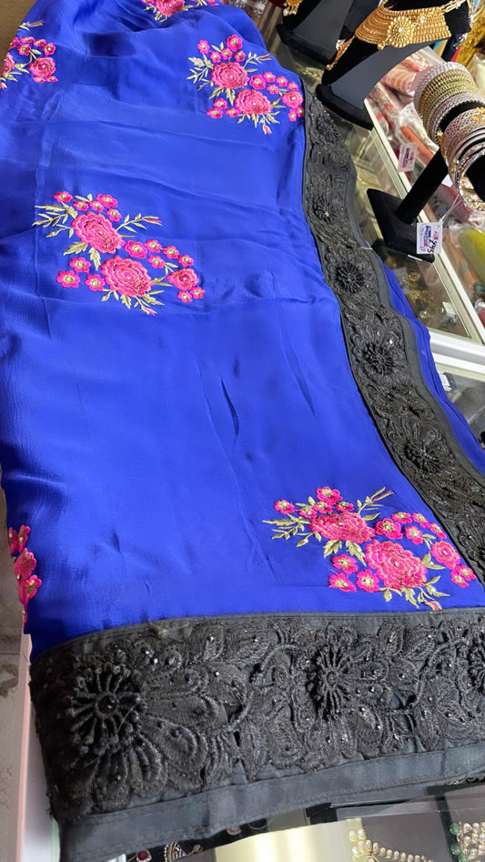 Satin silk blue floral saree