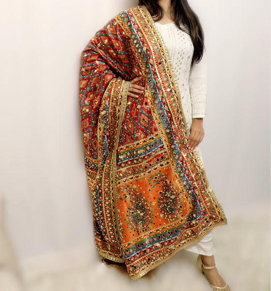 Multi colored raw silk mirror and lace work dupatta