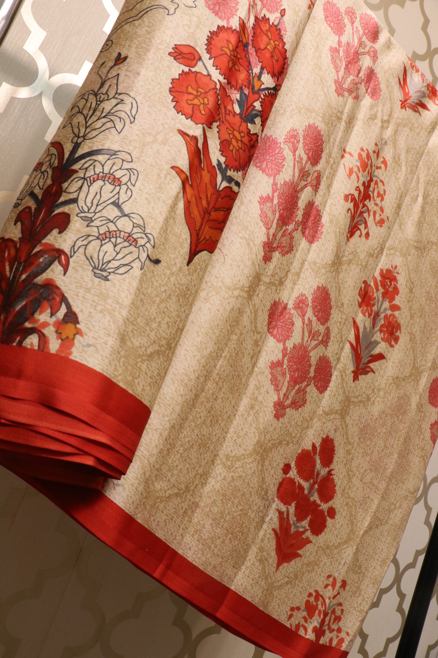 Satin silk print saree red florals
