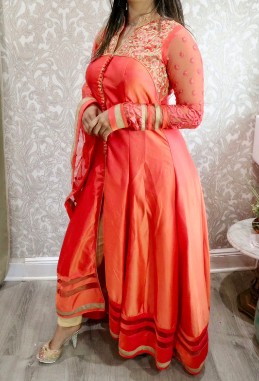 Orange gown middle slit three piece set - Selina Habibti Attire