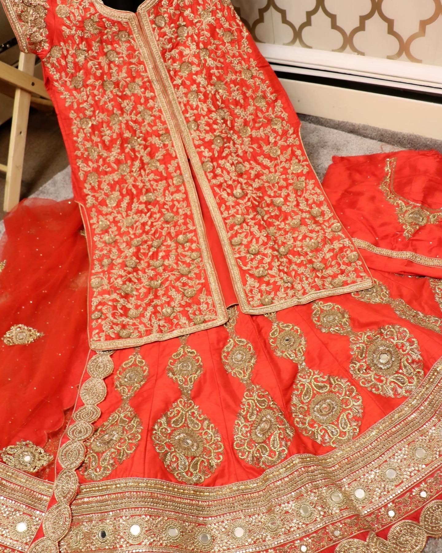 Red bridal lehenga zardozi work 4 piece set