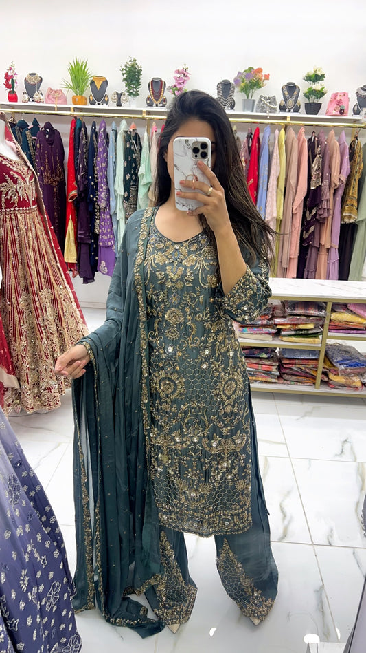 Silk grey hand work suit