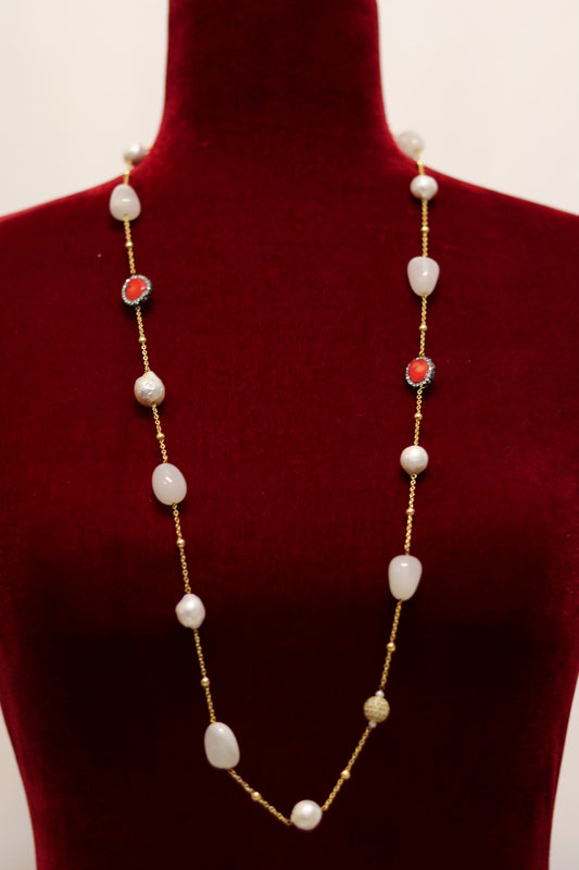 White marble 18k gold long chain