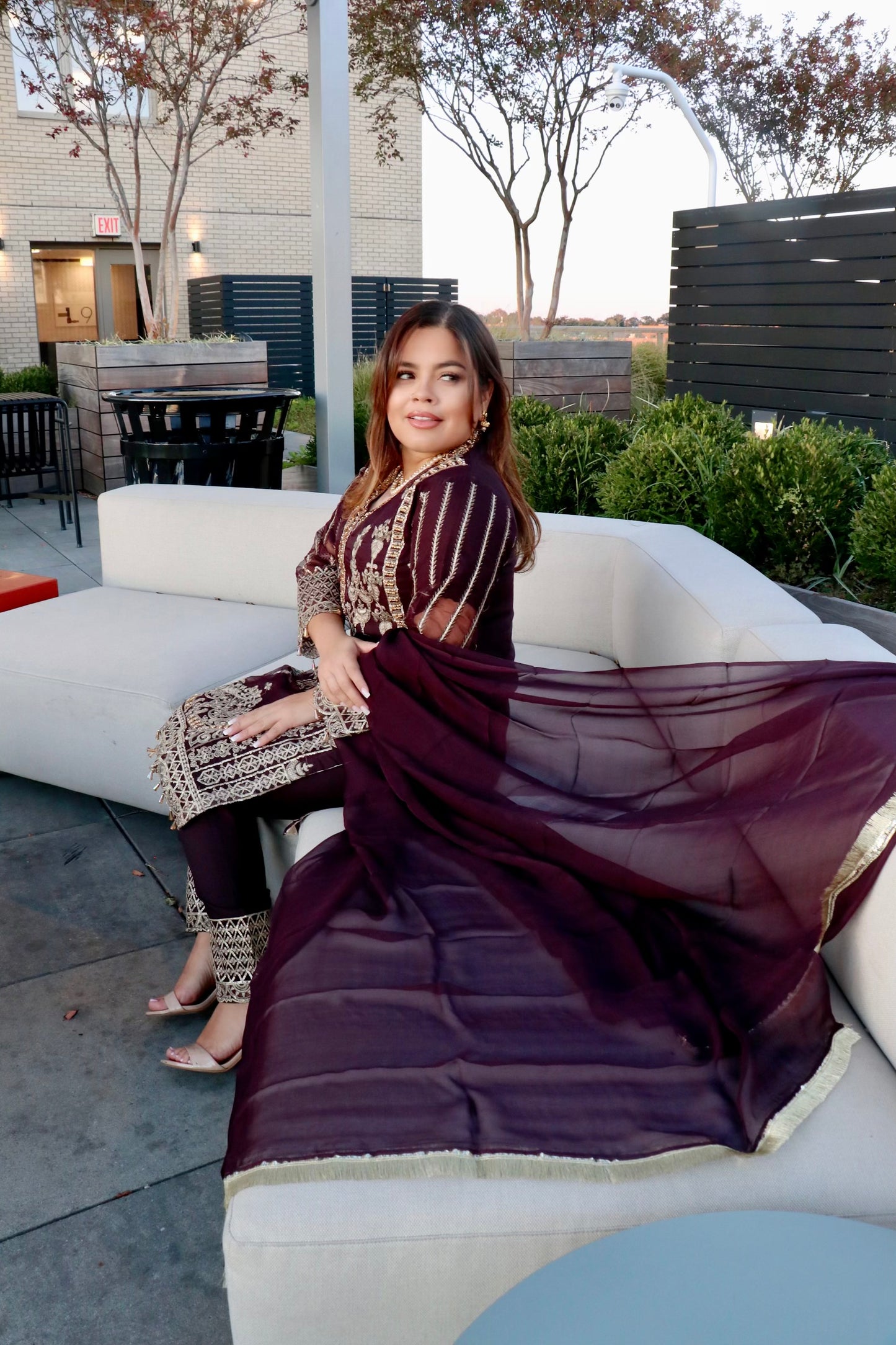 Deep plum organza party suit