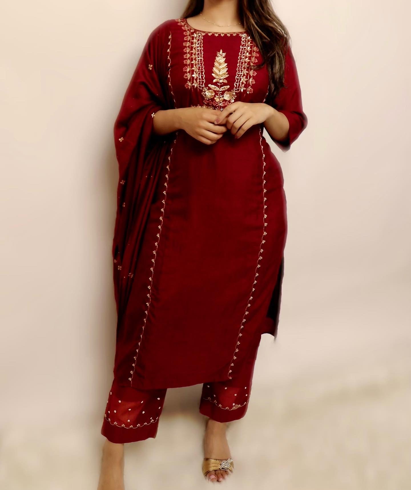 Soft silk maroon three piece