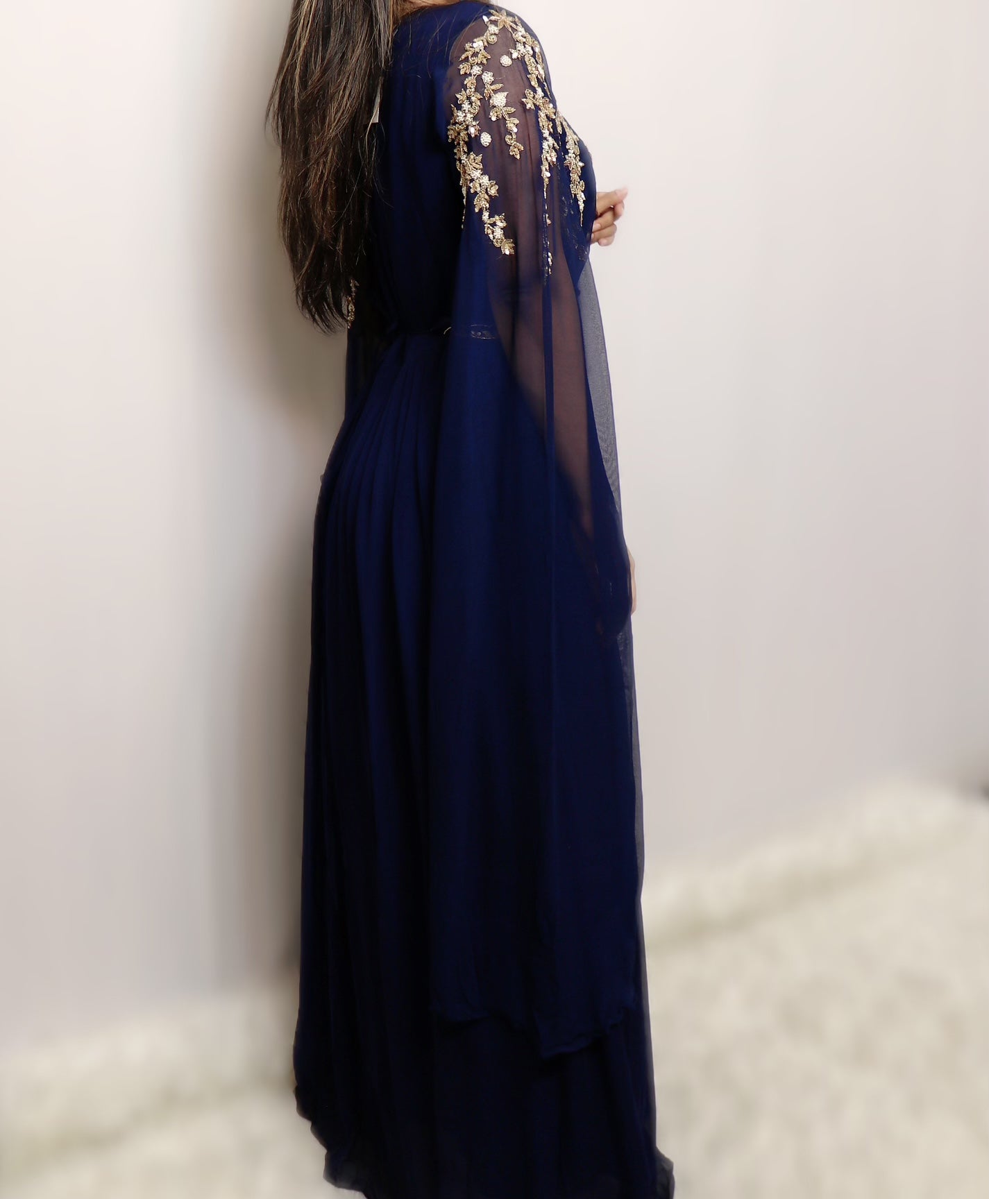 Navy blue flared sleeve one piece belted gown