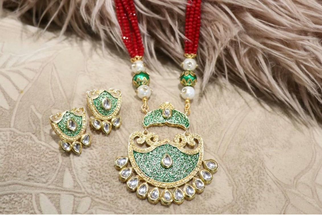 Kundan red and green mala set - Selina Habibti Attire
