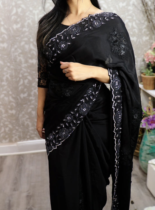 Black silk floral boutique crystal work saree