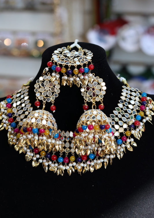 Multi colored mirror choker bridal set