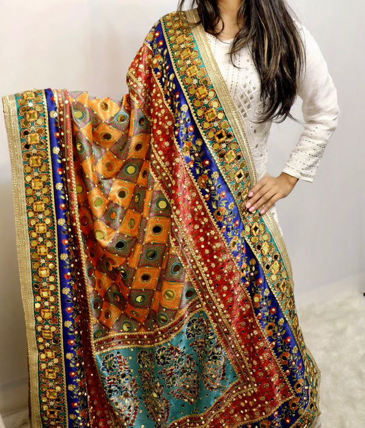 Raw silk large mirror multi color duppata