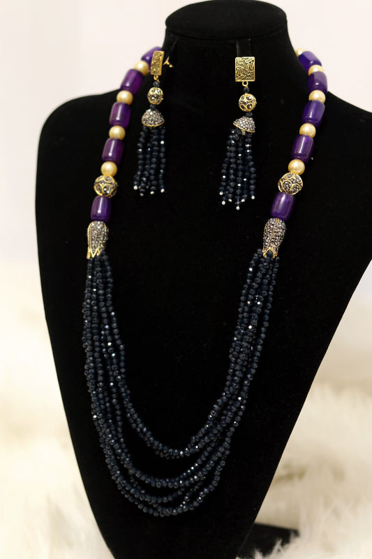 Dark violet blue beaded long necklace set
