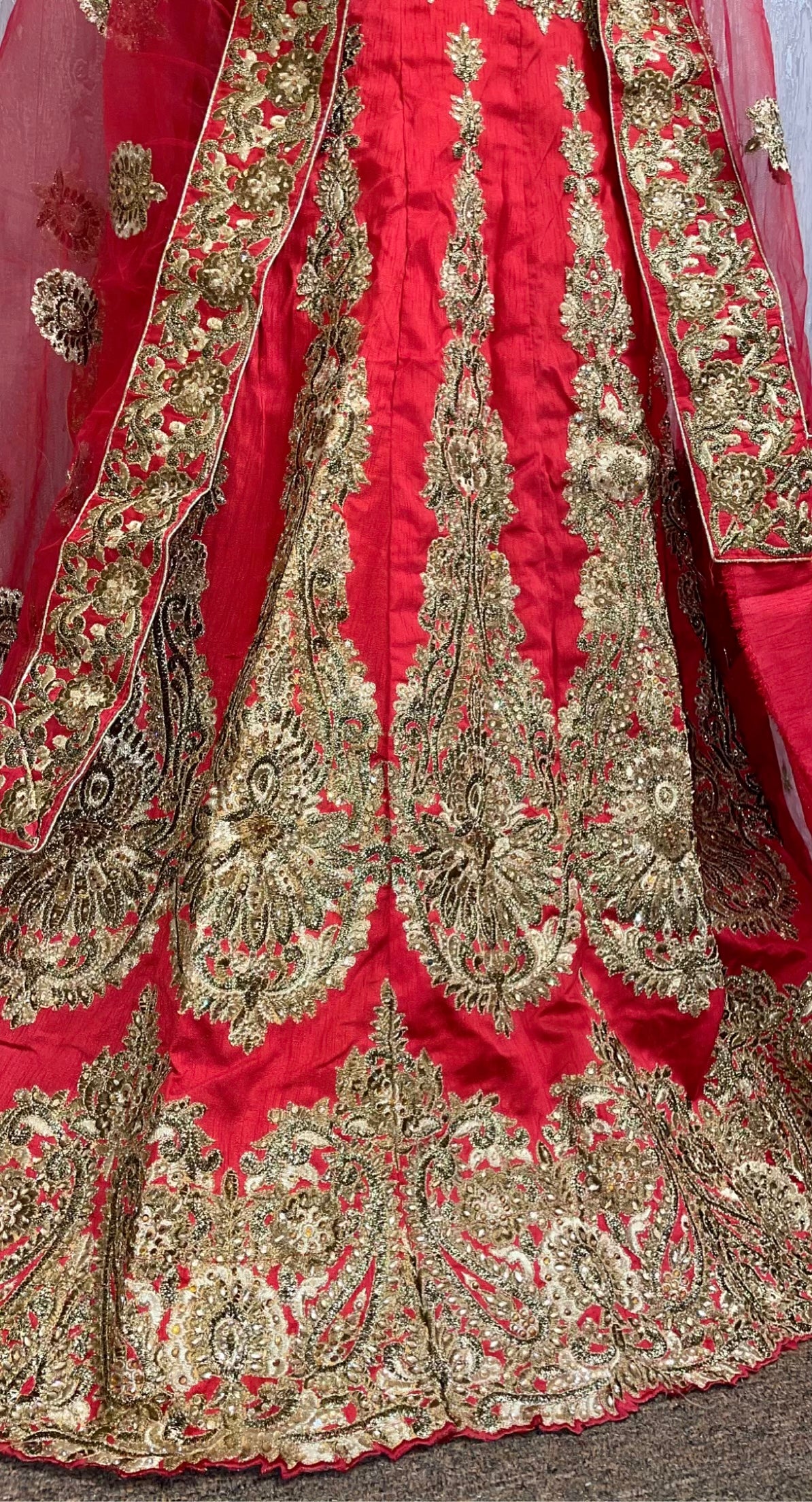 CHAMPAGNE GOLD LENGHA WITH RED DUPATTA - WR05 - £2200 - Charmi Creations