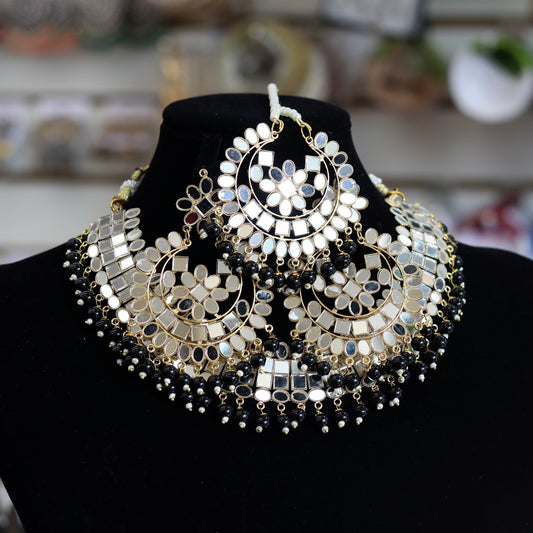 Black bridal mirror necklace set