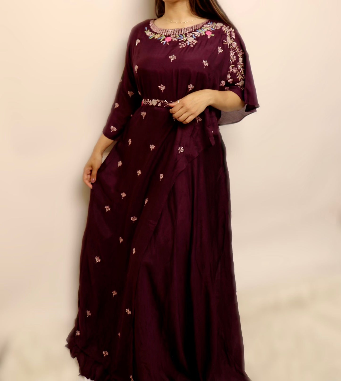 Deep purple belted layered gown