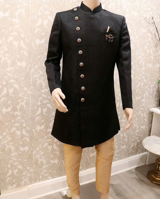 Classy black side button sherwani - Selina Habibti Attire