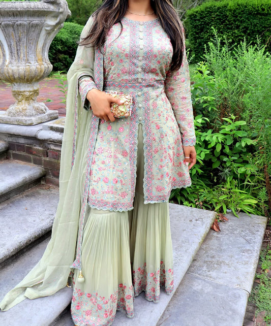 Mint green and pink sharara suit