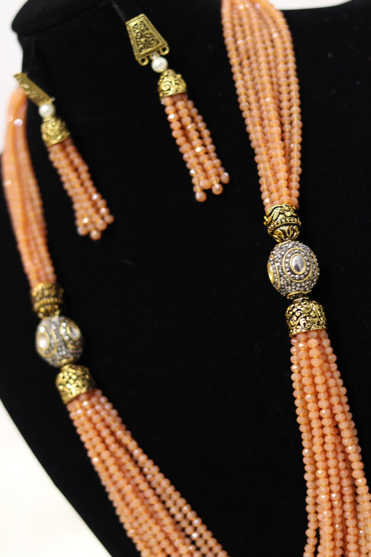 Peach beaded long necklace set