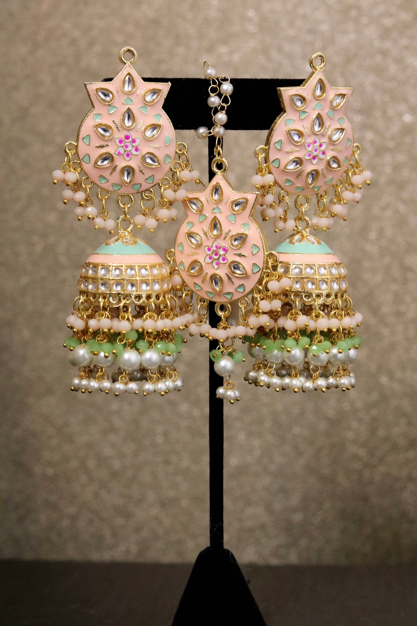 Peach mint earring with head piece set