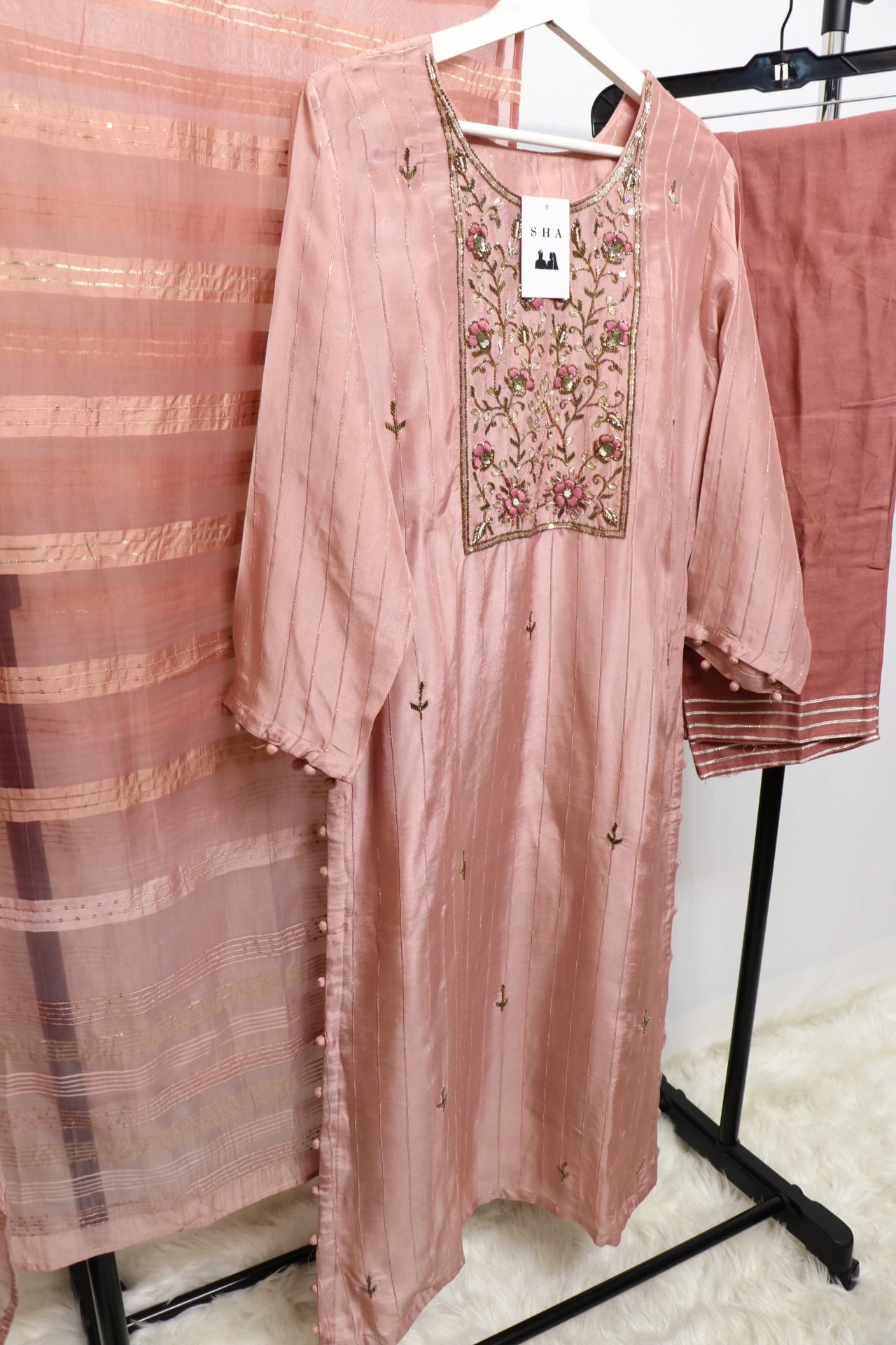 Muslin nude pink three piece with organza duppata