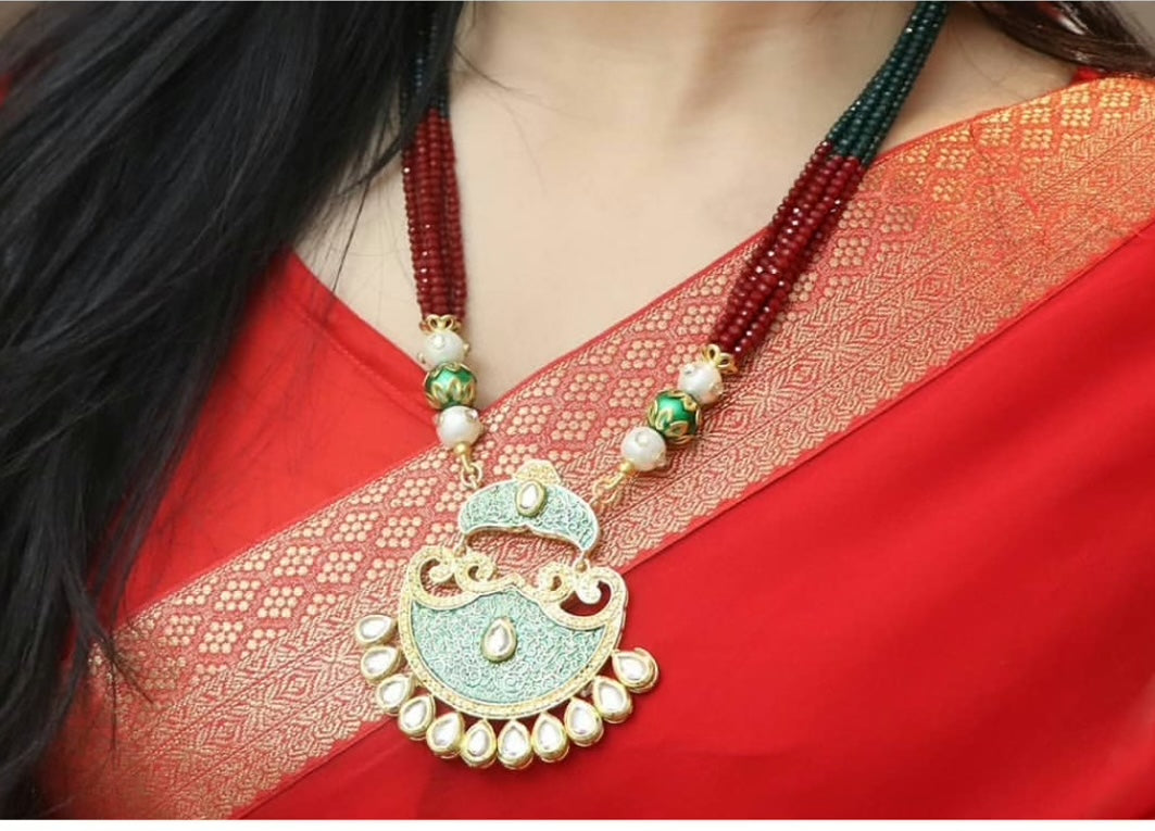 Kundan red and green mala set - Selina Habibti Attire