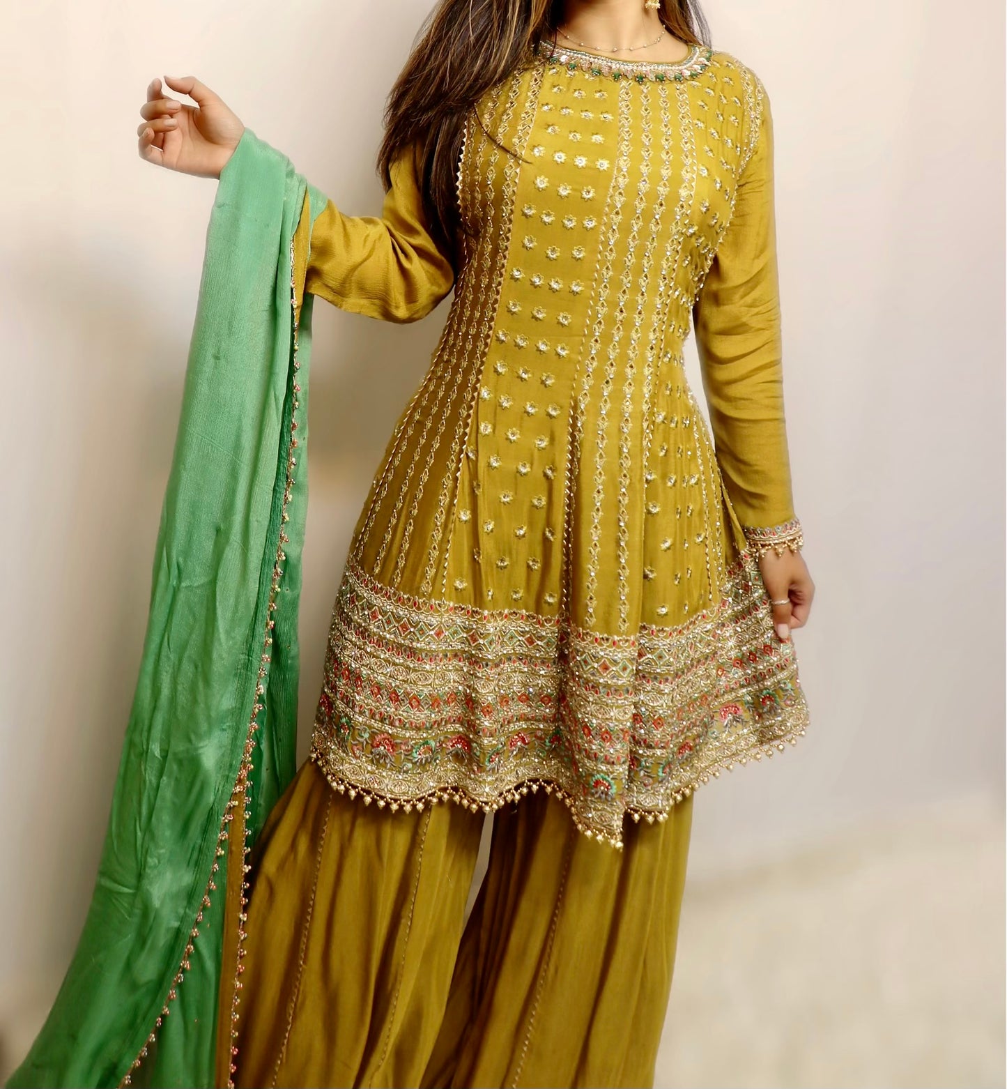 Mustard green combo gharara suit