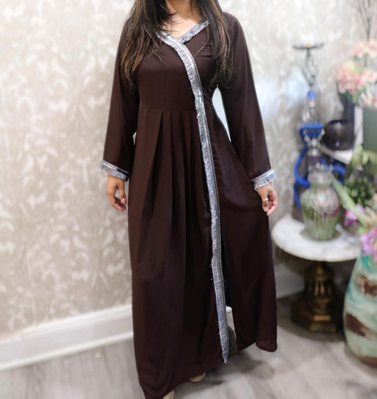 Brown silver two piece silk modest set