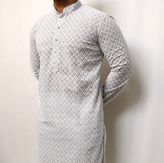 Light grey kurta set with white embroidered work