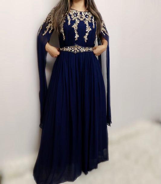 Navy blue flared sleeve one piece belted gown