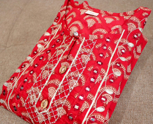Red cotton print three piece