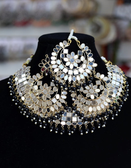 Black bridal mirror necklace set