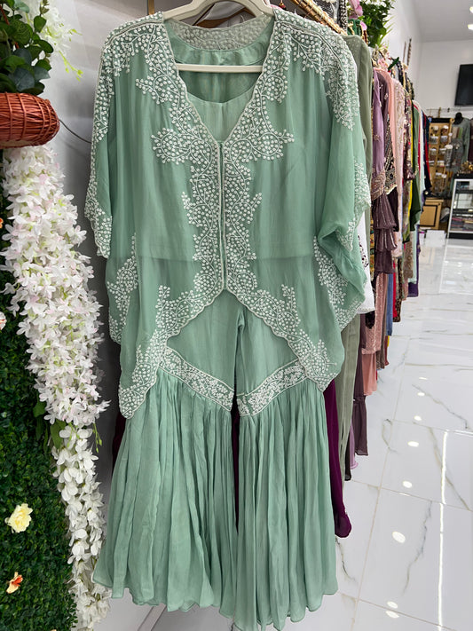 Mint organza cape gharara suit