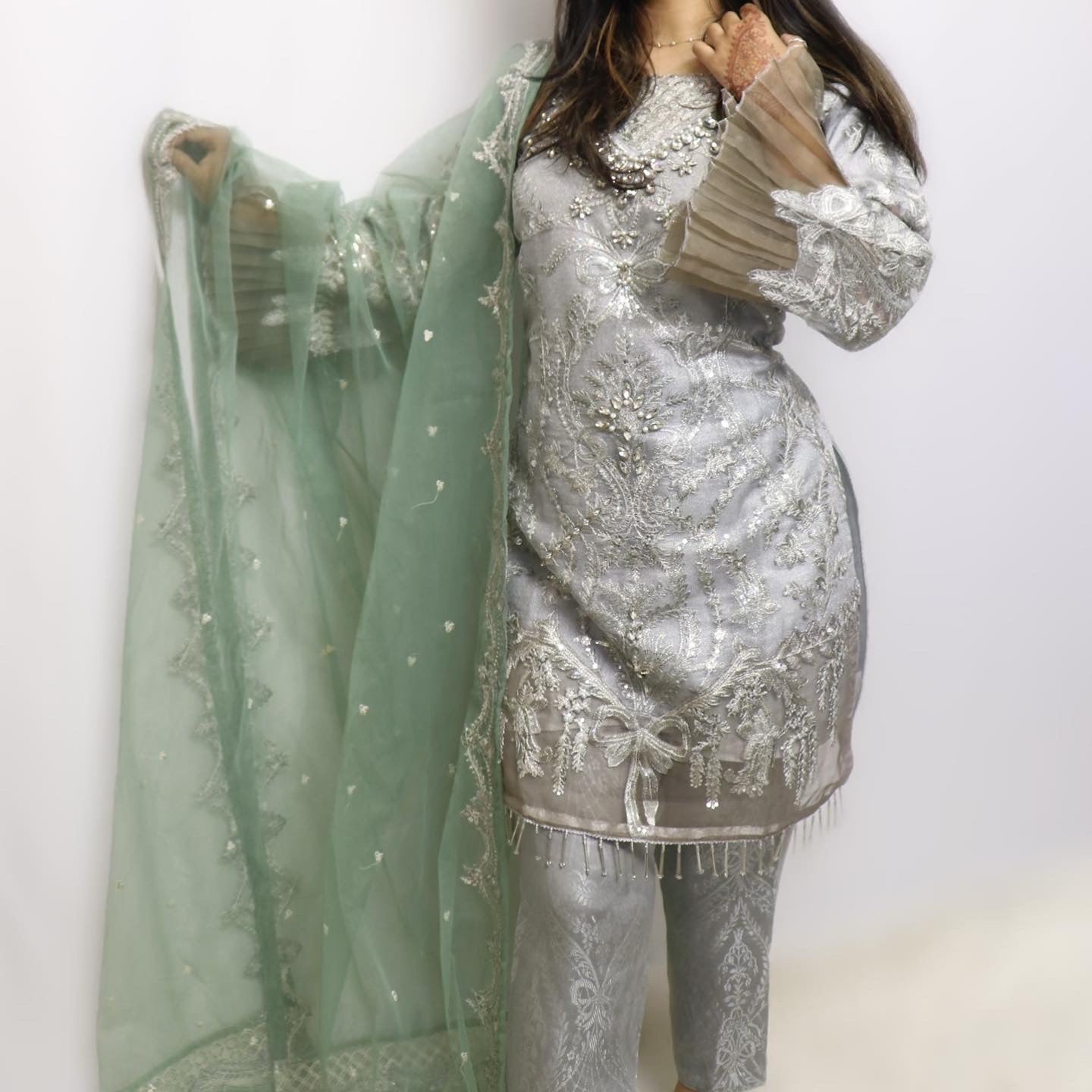 Silver and light green net party wear suit