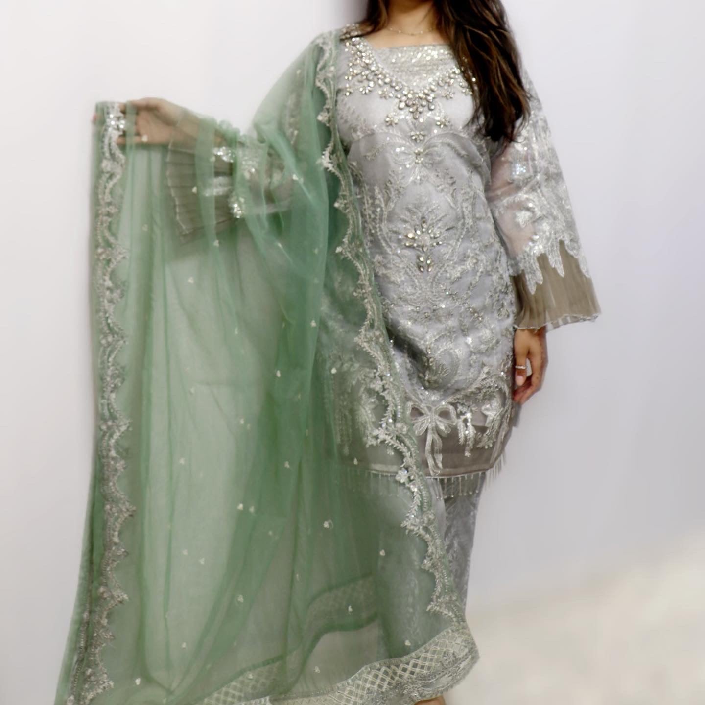 Silver and light green net party wear suit