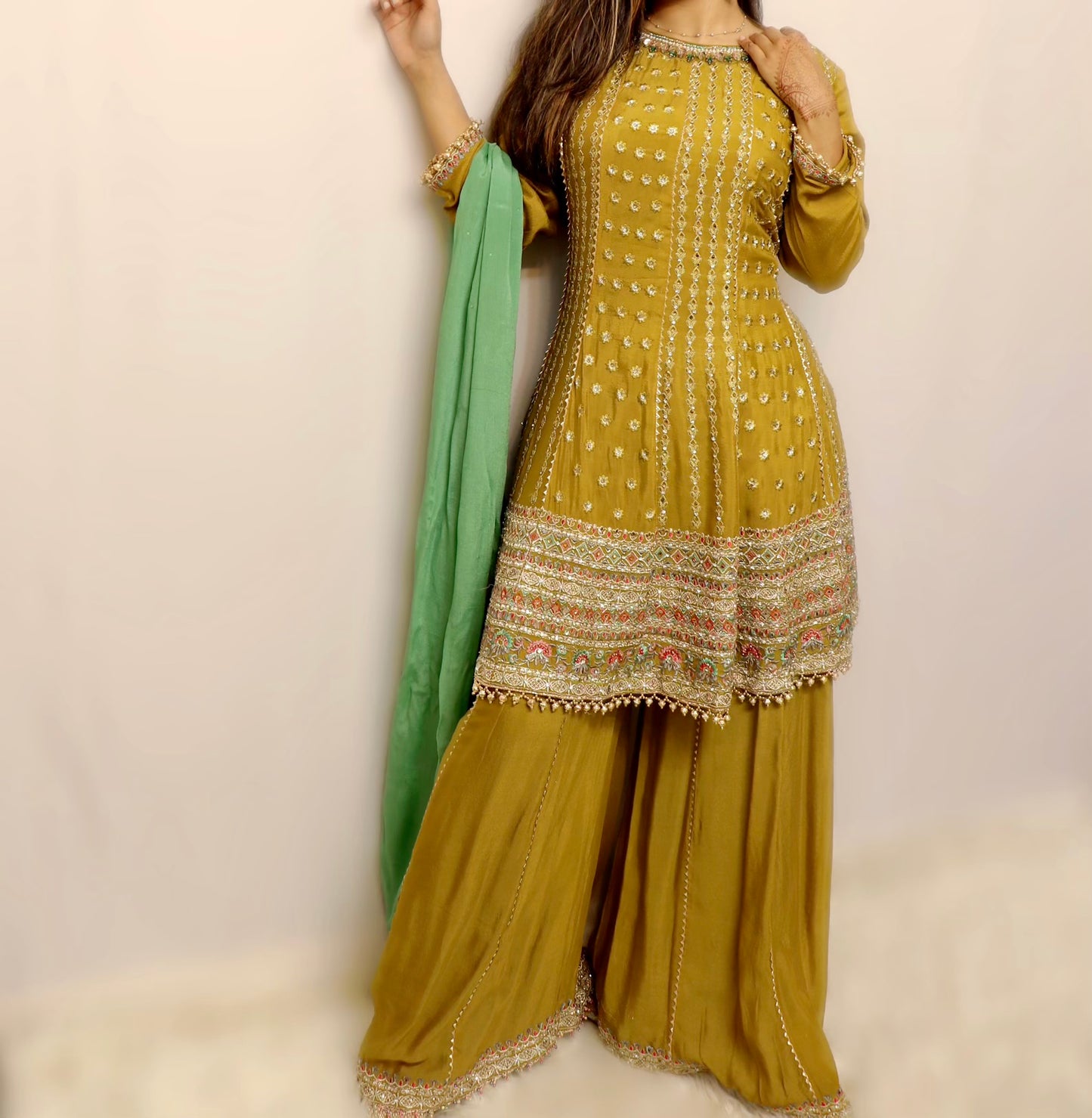 Mustard green combo gharara suit
