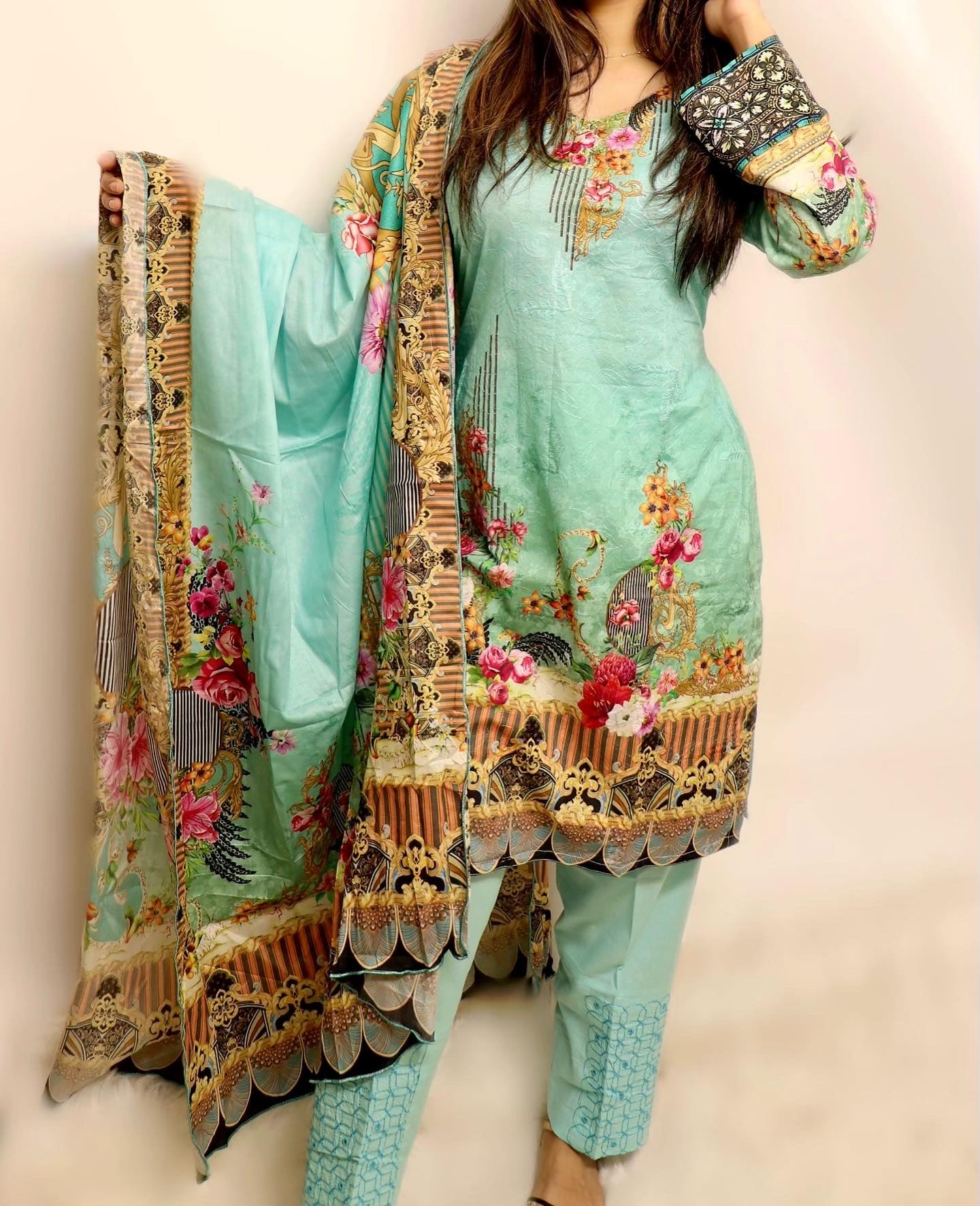 Mint blue embroidered lawn suit